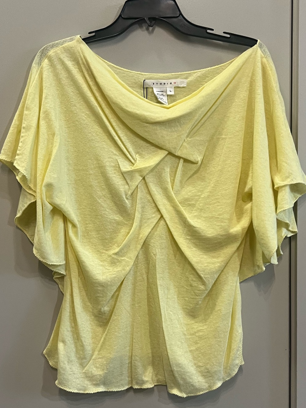 Linen/Cotton Blend Studio M Light Yellow Draped Flutter Sleeve Top